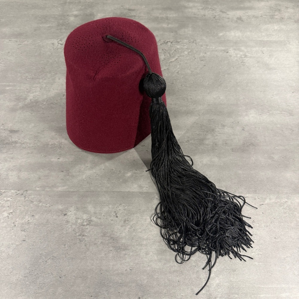 Fez Hat Mens OS Burgundy Maroon Wool Black Tassel Traditional Fits 7 3/8 - 5/8